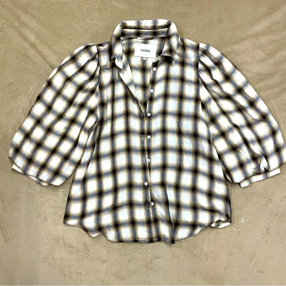 PISTOLA Ariella Plaid Button Down Puff Sleeve Shirt Size XSmall.